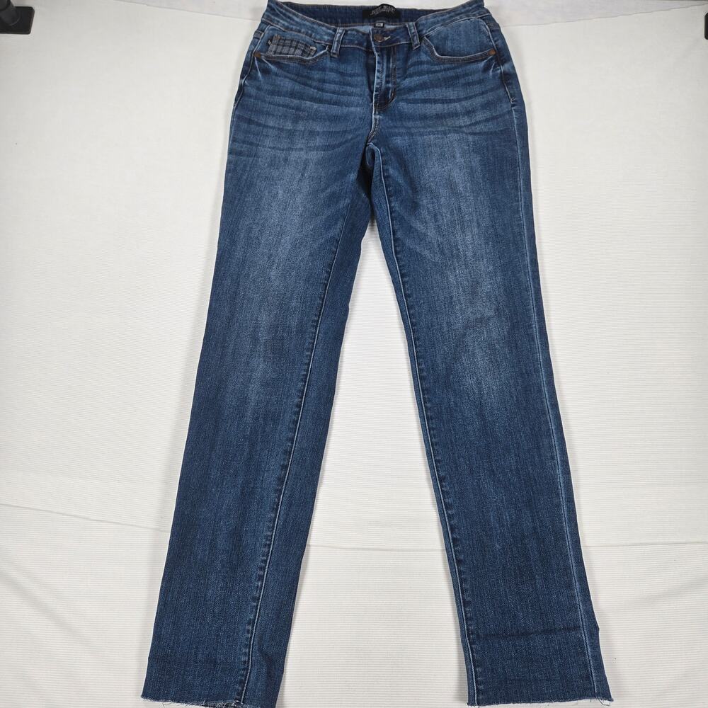 Judy Blue Mid Rise Plaid Cuff Hem Slim‎ Fit Casual Stretch Denim Jeans Size 7/28